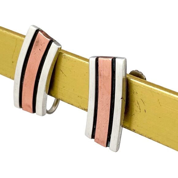 Copper Tri Panel Screw Back Earrings | Vintage Estate Sterling Silver 925 - Picture 9 of 11